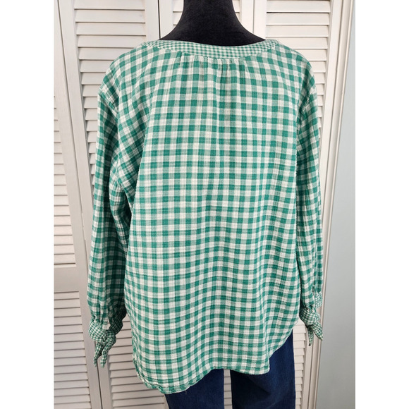 Loft Outlet Top XL Green White Gingham Button Front 3/4 Tie Sleeve Cotton Blend - Picture 6 of 10